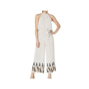 CeCe Jumpsuit Women's Size M Ivory Boho Floral Paisley Halter Wide Leg Belted